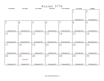 Kislev 5776 Calendar with Gregorian equivalents 