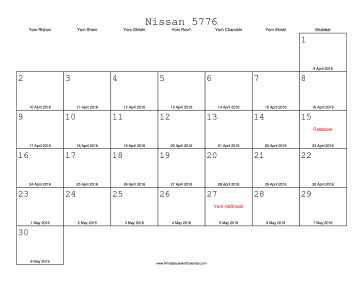 Nissan 5776 Calendar with Gregorian equivalents 