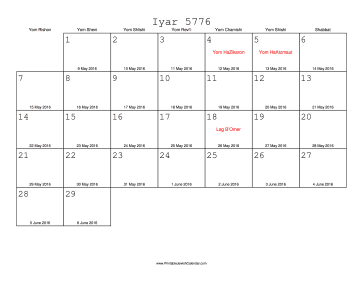 Iyar 5776 Calendar with Gregorian equivalents 