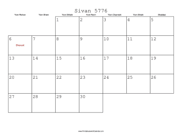 Sivan 5776 Calendar 