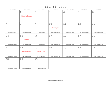 Tishri 5777 Calendar with Gregorian equivalents 
