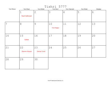 Tishri 5777 Calendar 
