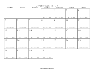 Cheshvan 5777 Calendar with Gregorian equivalents 