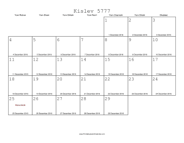 Kislev 5777 Calendar with Gregorian equivalents 