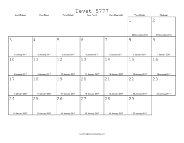 Tevet 5777 Calendar with Gregorian equivalents 