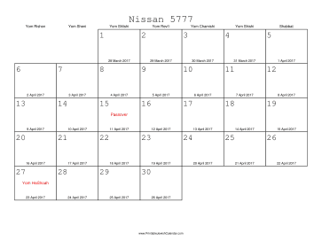 Nissan 5777 Calendar with Gregorian equivalents 