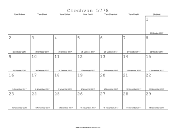 Cheshvan 5778 Calendar with Gregorian equivalents 
