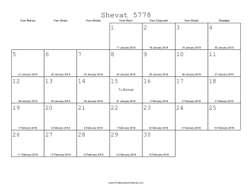 Shevat 5778 Calendar with Gregorian equivalents 