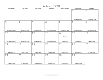 Adar 5778 Calendar with Gregorian equivalents 