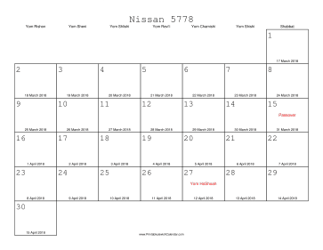 Nissan 5778 Calendar with Gregorian equivalents 