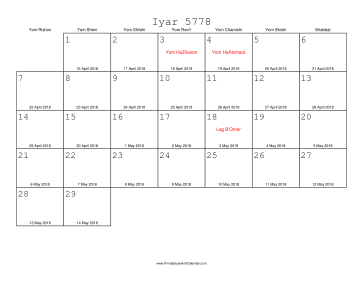 Iyar 5778 Calendar with Gregorian equivalents 
