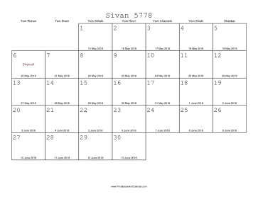 Sivan 5778 Calendar with Gregorian equivalents 