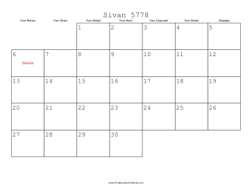 Sivan 5778 Calendar 
