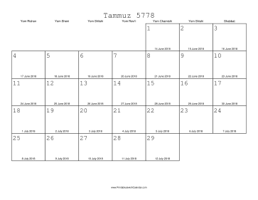 Tammuz 5778 Calendar with Gregorian equivalents 