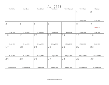 Av 5778 Calendar with Gregorian equivalents 