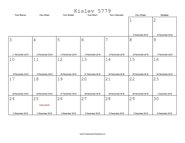 Kislev 5779 Calendar with Gregorian equivalents 