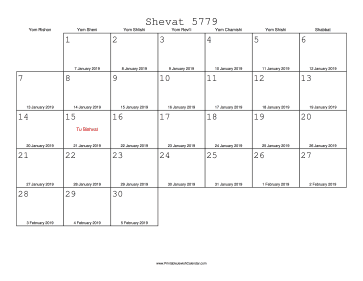 Shevat 5779 Calendar with Gregorian equivalents 