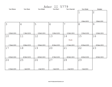 Adar II 5779 Calendar with Gregorian equivalents 