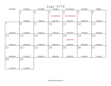 Iyar 5779 Calendar with Gregorian equivalents 