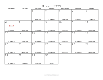 Sivan 5779 Calendar with Gregorian equivalents 