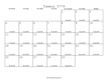 Tammuz 5779 Calendar with Gregorian equivalents 