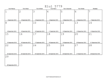 Elul 5779 Calendar with Gregorian equivalents 