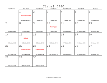 Tishri 5780 Calendar with Gregorian equivalents 
