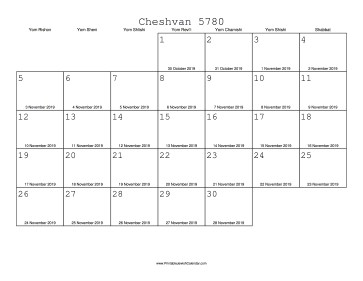 Cheshvan 5780 Calendar with Gregorian equivalents 