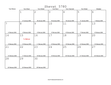 Shevat 5780 Calendar with Gregorian equivalents 