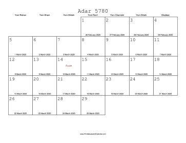 Adar 5780 Calendar with Gregorian equivalents 