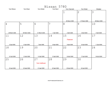 Nissan 5780 Calendar with Gregorian equivalents 