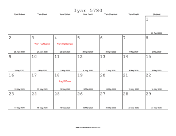 Iyar 5780 Calendar with Gregorian equivalents 