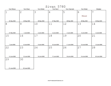 Sivan 5780 Calendar with Gregorian equivalents 