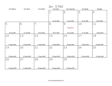 Av 5780 Calendar with Gregorian equivalents 