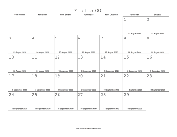 Elul 5780 Calendar with Gregorian equivalents 