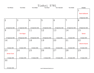Tishri 5781 Calendar with Gregorian equivalents 