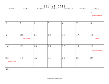 Tishri 5781 Calendar 