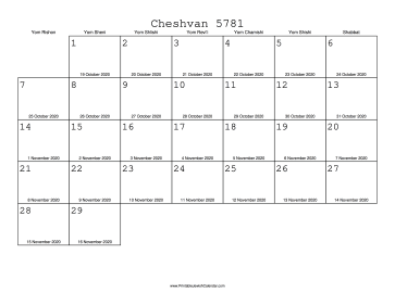 Cheshvan 5781 Calendar with Gregorian equivalents 