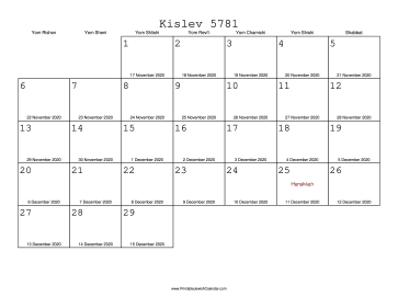Kislev 5781 Calendar with Gregorian equivalents 