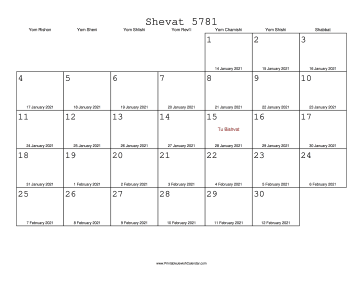 Shevat 5781 Calendar with Gregorian equivalents 