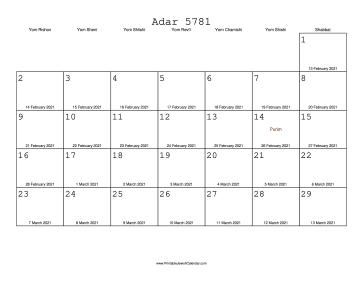 Adar 5781 Calendar with Gregorian equivalents 