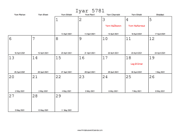 Iyar 5781 Calendar with Gregorian equivalents 