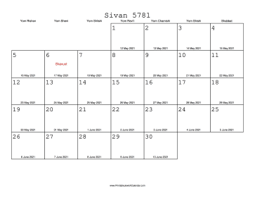 Sivan 5781 Calendar with Gregorian equivalents 