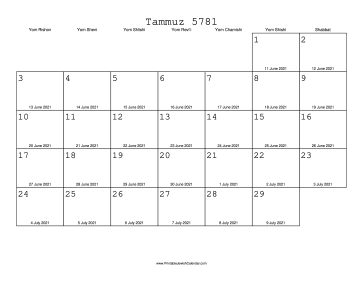 Tammuz 5781 Calendar with Gregorian equivalents 