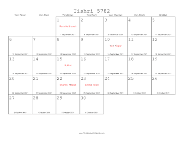 Tishri 5782 Calendar with Gregorian equivalents 