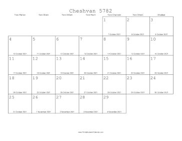 Cheshvan 5782 Calendar with Gregorian equivalents 