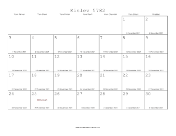 Kislev 5782 Calendar with Gregorian equivalents