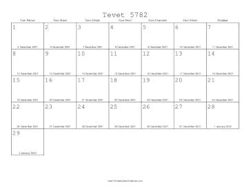 Tevet 5782 Calendar with Gregorian equivalents 