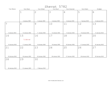 Shevat 5782 Calendar with Gregorian equivalents 