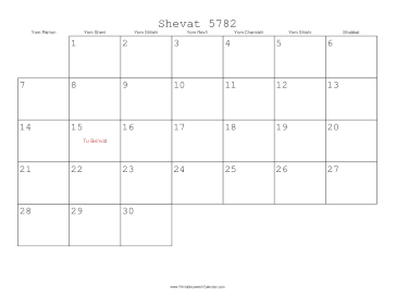 Shevat 5782 Calendar 